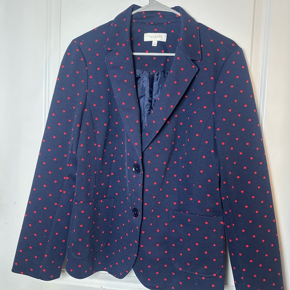 NWOT Talbots Navy With Red Polka Dots 2 Button Closure Lined Blazer, Size 14